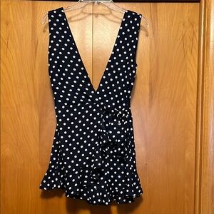 Blush Boutique Navy and White Polka Dot V-Neck Ruffle Shorts Romper Size Small